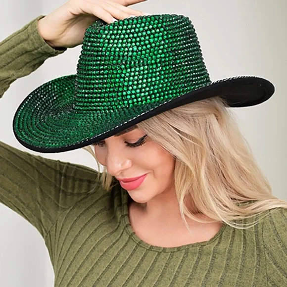 Black or Green Bling Studded Rhinestone Western Fedora Hat